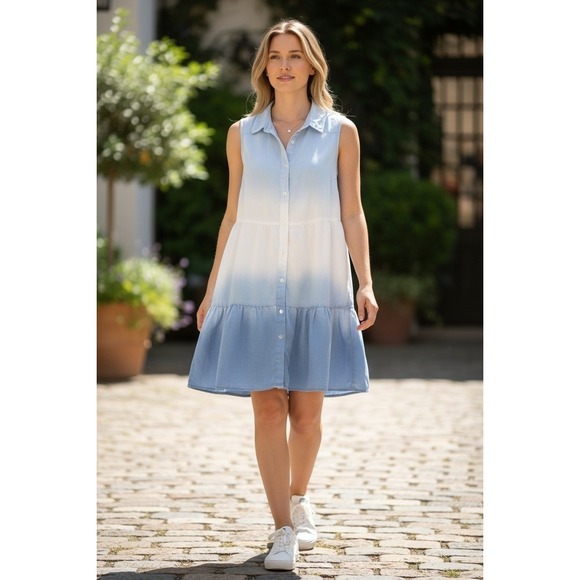 Mud Pie Dresses & Skirts - Mud Pie Blue Ombre Tiered Sleeveless Lyocell Shirt Dress Womens Large L